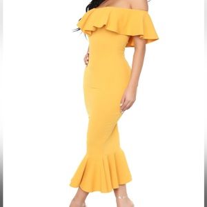 Fashion Nova “Moments Like This Ruffle Midi Dress” - color Mustard, Size S